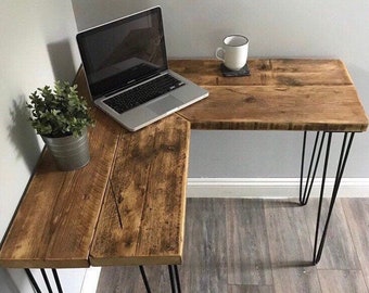 VICTORIA - Rustic Corner Desk- Made From Reclaimed Wood-With Industrial Metal Legs-For Home or Office