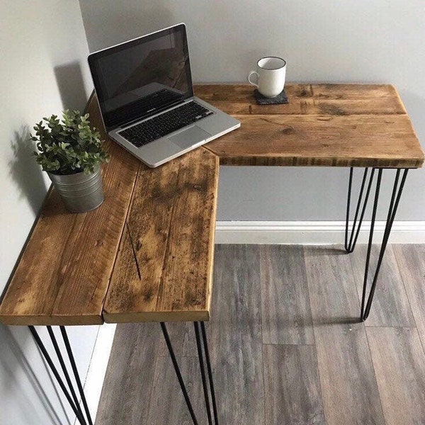 VICTORIA - Rustic Corner Desk- Made From Reclaimed Wood-With Industrial Metal Legs-For Home or Office