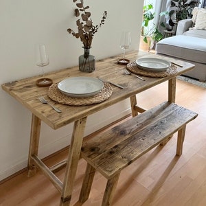 PAVILION- Rustic Dining Table and Bench With Wooden A Frame legs- Made From Reclaimed Wood-For Indoor Or Outdoor Use