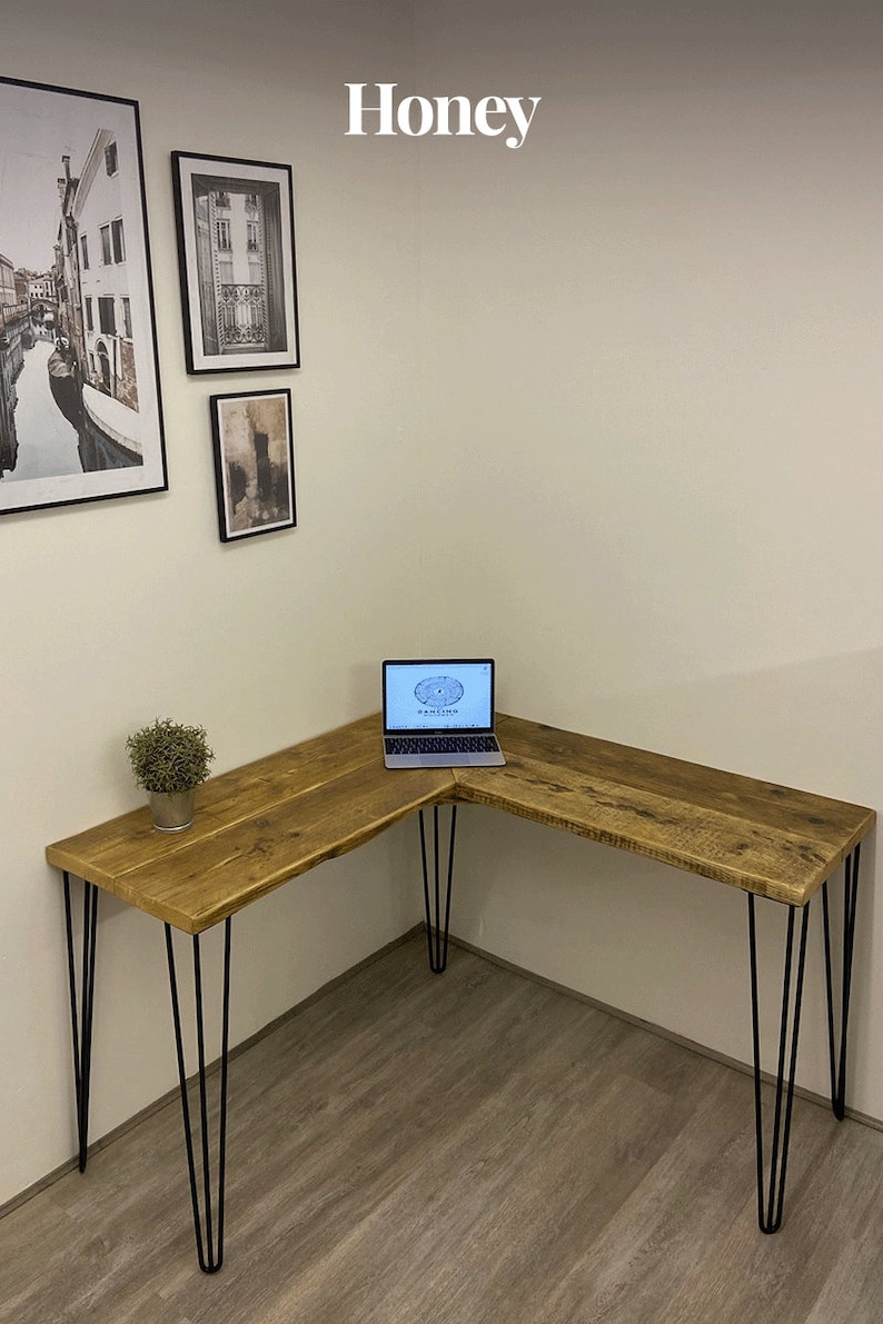 VICTORIA Rustic Corner Desk Made From Reclaimed Wood-With Industrial Metal Legs-For Home or Office Honey