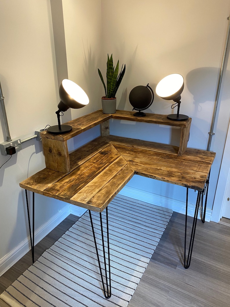 EXETER Rustic Corner Desk With Shelfhairpin Legs for Home Etsy