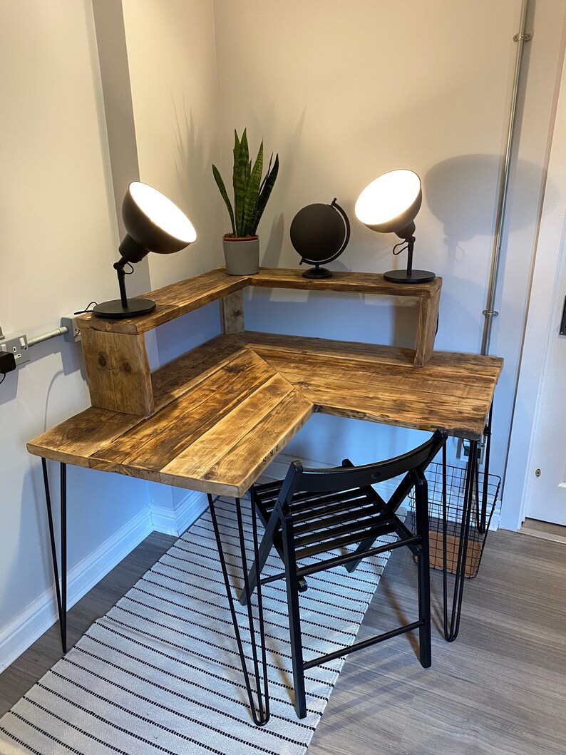 EXETER Rustic Corner Desk With Shelfhairpin Legs for Home Etsy UK