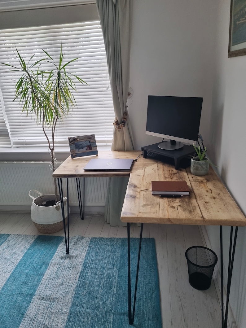 VICTORIA Rustic Corner Desk Made From Reclaimed Wood-With Industrial Metal Legs-For Home or Office Clear