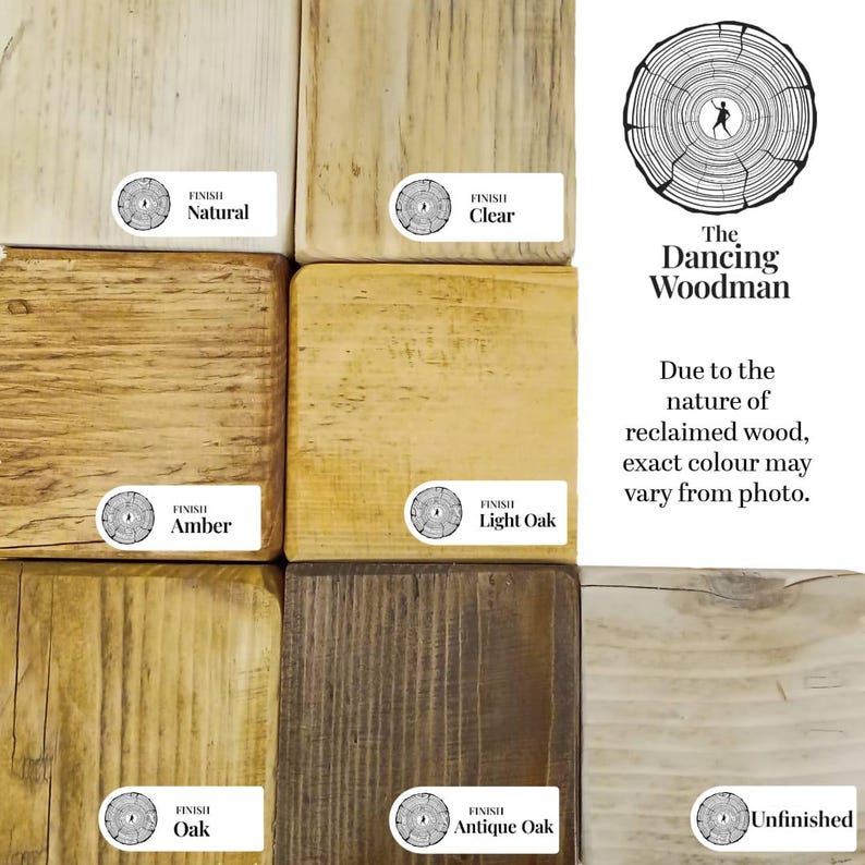May include: A grid of seven reclaimed wood samples displaying various finishes labeled Natural, Clear, Amber, Light Oak, Oak, Antique Oak, and Unfinished. The logo for The Dancing Woodman is visible with text stating that exact color may vary.