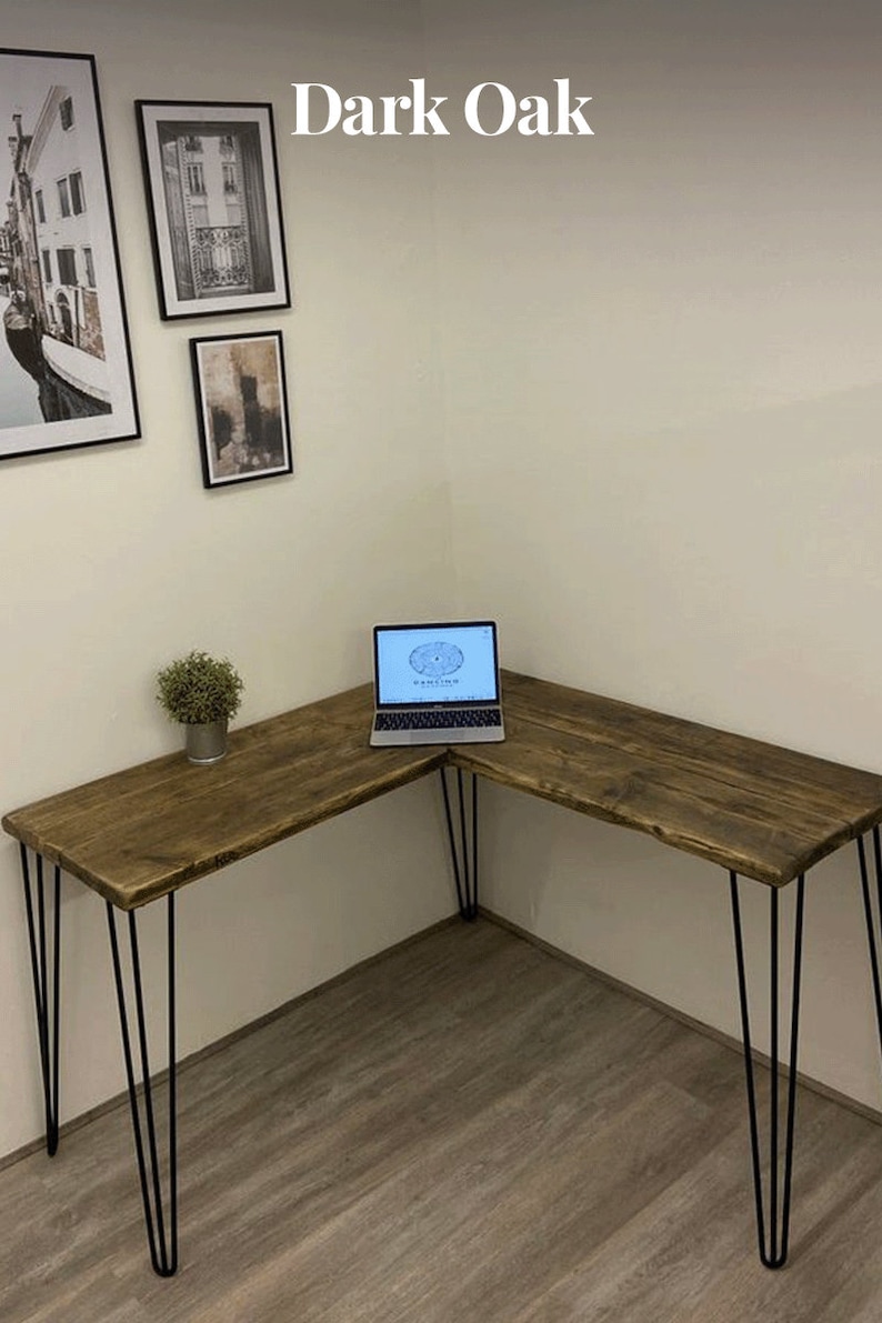 VICTORIA Rustic Corner Desk Made From Reclaimed Wood-With Industrial Metal Legs-For Home or Office Dark Oak