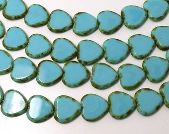 15mm Heart Shaped Turquoise Picasso Table Cut Window Beads, 15 pieces per strand