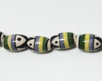 11.5x7.5mm Hand Painted Peruvian Ovals with Green, Yellow and Light Violet Stripes with Geometric Pattern, Sold by the Single 10Piece Strand