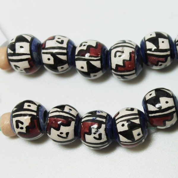 10x9mm Hand Painted Peruvian Round Beads with Blue Stripes and Red Geometric Pattern, Sold by the 10 Piece Strand