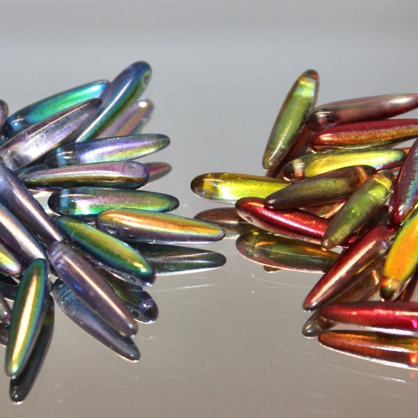 4x16mm Czech Glass Thorn Beads, Aqua or Ruby Magic, Spike One Hole Side Drilled Beads, 20pc Strand, 20% off