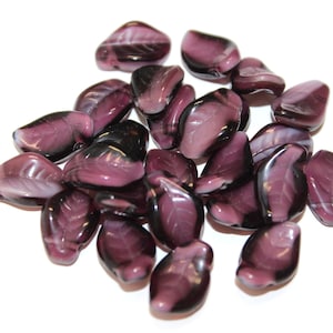 14x9mm Czech Pressed Glass Leaves in Transparent Dark Amethyst with White, Sold by the 25pc Strand, 25% OFF