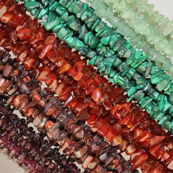 Natural Semi-Precious Gemstone Chip Beads, Garnet, Red Tiger Eye, Carnelian, Malachite or Green Aventurine, sold by the 16" strand