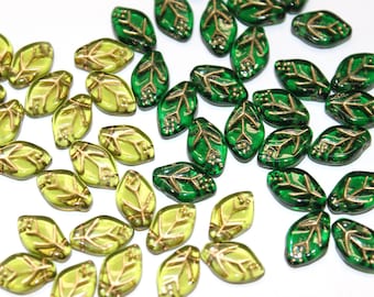 7x12mm Czech Glass Leaf Beads with Gold Detail, Bottle Green or Olivine, Sold By The 25 Pieces