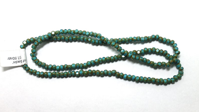 60 Three Cut Czech Seed Beads Sold by the Single Strand or 6 Strands for the Price of 5 Aqua and Turquoise White Heart Picasso