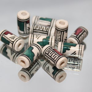 13x6.5mm Hand Painted Peruvian Tube Beads with Dark Red and Emerald Green Geometric Pattern, Sold by the 10 Piece Strand