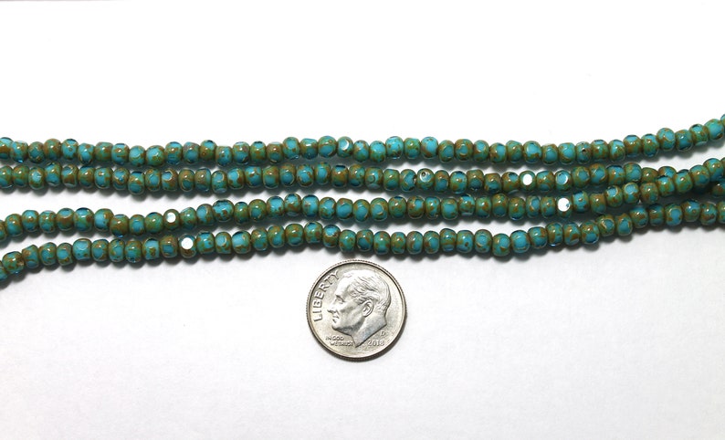 60 Three Cut Czech Seed Beads Sold by the Single Strand or 6 Strands for the Price of 5 Aqua and Turquoise White Heart Picasso
