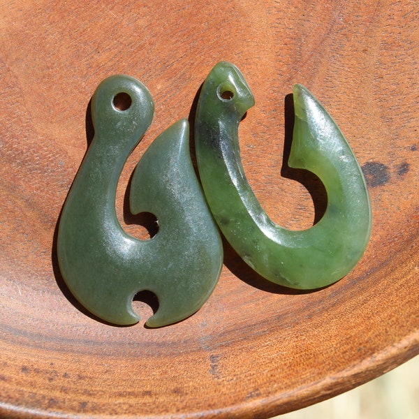 Barbed Maori Hei Matau (Fish Hook) Pendants, Hand Carved from British Columbian Nephrite Jade, 2 Styles To Choose From, 20% Off!