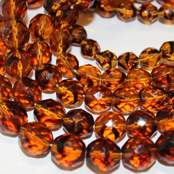 Vintage Czech Fire Polish Beads in Tortoise Size 8mm to 11.5mm Sold By The 25 Pieces, 50% Off