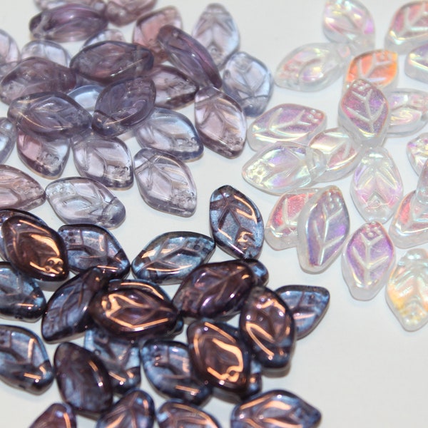 Perles en feuilles tchèques vintage de 7 x 12 mm, cristal AB, améthyste phosphorescente ou saphir/améthyste, vendues par 25 pièces