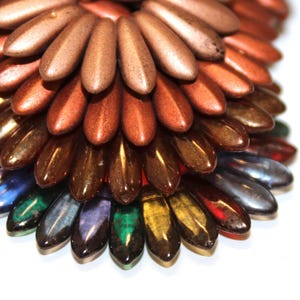 May include: Close-up of a decorative object with a layered design. The top layer features metallic teardrop-shaped elements in shades of copper and bronze. The bottom layer has elements in various colors, including blue, green, and purple.