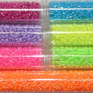 Japanese Seed Bead Variety Packs of Neon Lined Colors, Choose From Size 6/0 or 8/0, 7 Colors in Each Pack, 1 Ounce of Each Color