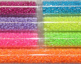 Japanese Seed Bead Variety Packs of Neon Lined Colors, Choose From Size 6/0 or 8/0, 7 Colors in Each Pack, 1 Ounce of Each Color, 10% Off