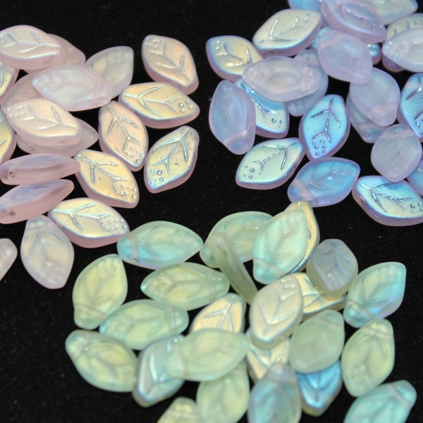 7x12mm Vintage Czech Glass Leaf Beads, Rose Ghost, Peridot Ghost & Frosted Alexandrite AB, Sold by the 25 Pieces