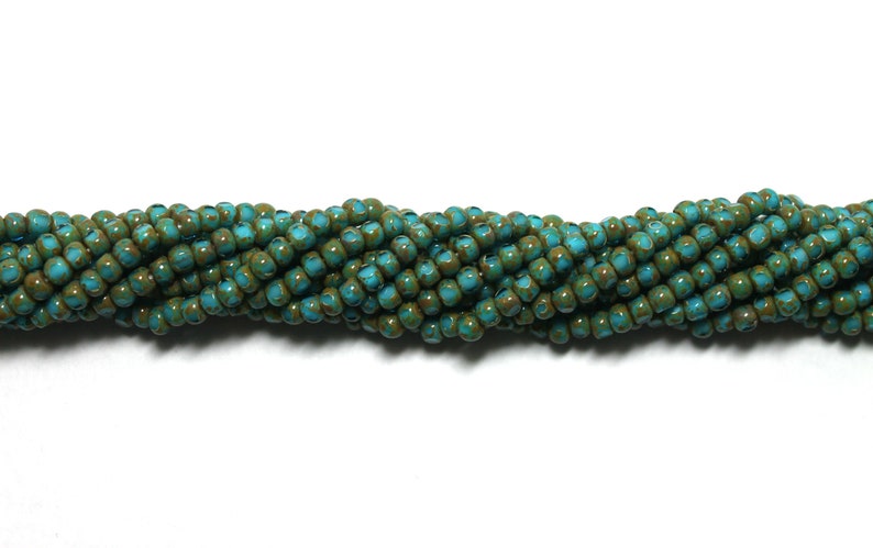 60 Three Cut Czech Seed Beads Sold by the Single Strand or 6 Strands for the Price of 5 Aqua and Turquoise White Heart Picasso