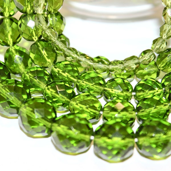 Vintage Czech Fire Polish Beads in Transparent Olivine Size 6mm 9mm 11mm 12mm or 14mm Sold By The 25 Pieces 50% Off