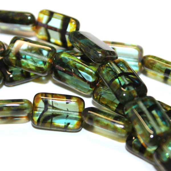 12x8mm Teal Tortoise Picasso Table Cut Rectangle Beads, Sold By The 25 Piece Strand, 25% OFF