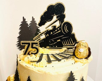 Steam Runaway Train Trees Track Cake Topper, Optional Age + Name. Double Sided perfect for Birthday Celebration.