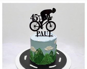 Bespoke Cyclist, Bicycle, Bike Personalised Cake Topper, Add Name and Age or Happy Birthday. Double Sided perfect for Birthday Celebration