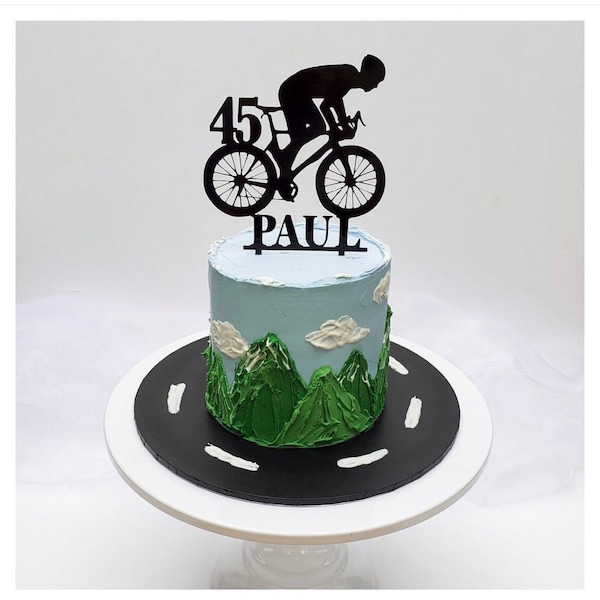 Cycliste sur mesure, vélo, décoration de gâteau personnalisée de vélo, ajoutez le nom et l'âge ou joyeux anniversaire. Double face parfait pour une célébration d'anniversaire