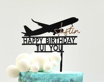 Pilot Aeroplane Plane Travel Personalised Cake Topper, Add Name / Age Double Sided perfect for Birthday, Retirement, Celebration.