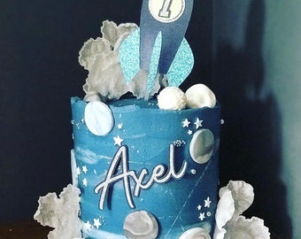 Space Rocket Themed Personalised Cake Topper, Add Name Charm and Age. Double Sided perfect for Birthday Celebration. Spaceship.
