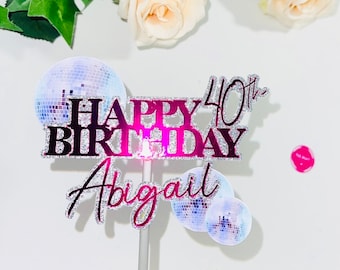 Bespoke Disco Glitter Ball Themed Personalised Cake Topper With Name & Age, Perfect For Birthday Party Celebration. Party Dance Sparkle