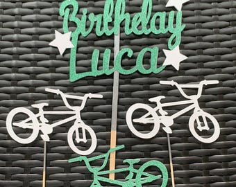 Bespoke BMX Cyclist Bike Personalised Cake Topper set, Add Name and Age. Double Sided perfect for Birthday Celebration