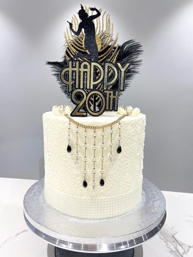 Bespoke Gatsby Style Themed Cake Topper, Custom Colours. Double Sided perfect for Birthday Celebration. Optional Gatsby Lady. Art Deco image 1