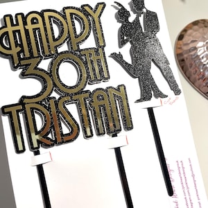 Bespoke Gatsby Style Themed Cake Topper, Custom Colours. Double Sided perfect for Birthday Celebration. Optional Gatsby Lady. Art Deco Main/Age/Name+Couple