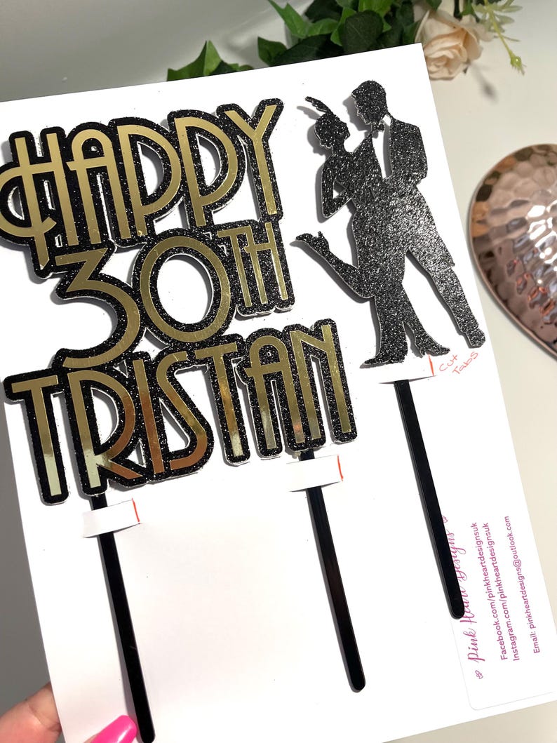 Bespoke Gatsby Style Themed Cake Topper, Custom Colours. Double Sided perfect for Birthday Celebration. Optional Gatsby Lady. Art Deco Main/Age/Name+Couple