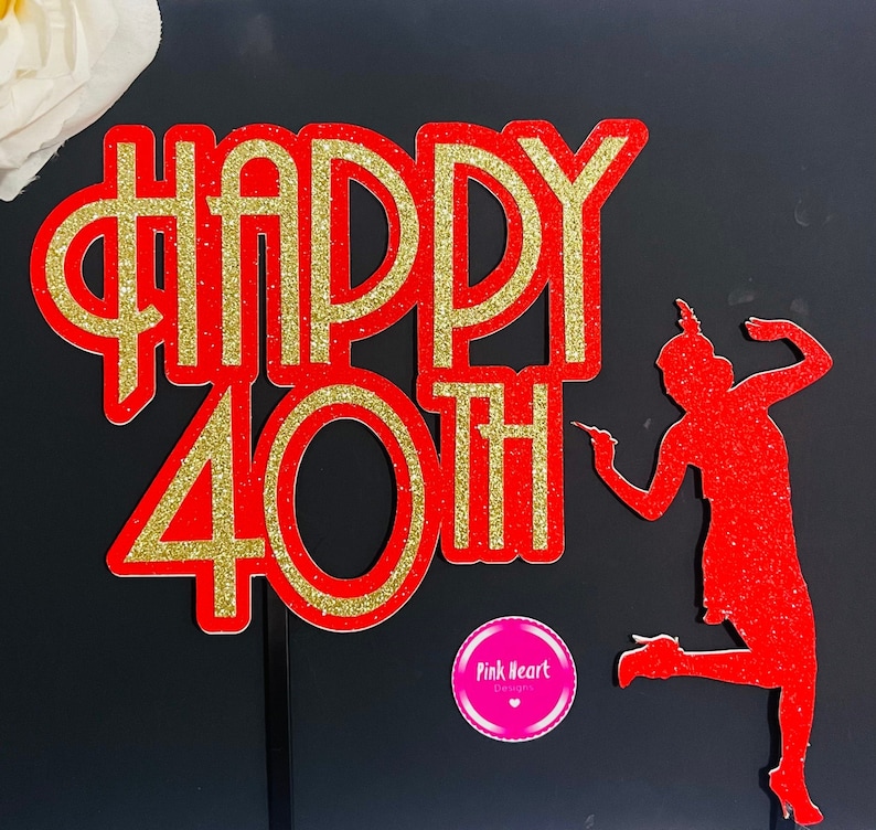 Bespoke Gatsby Style Themed Cake Topper, Custom Colours. Double Sided perfect for Birthday Celebration. Optional Gatsby Lady. Art Deco image 3