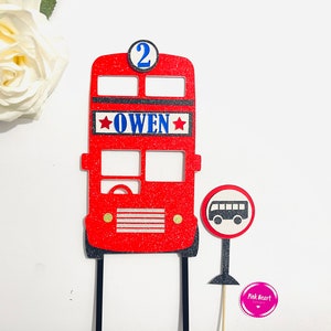 Red Bus Themed Personalised Cake Topper, Add Name and Age. Double Sided perfect for Birthday Celebration. London Transport Double Decker