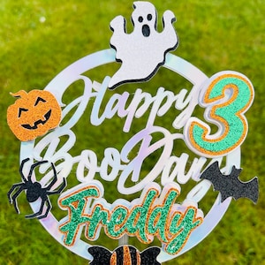 Halloween Birthday Themed 3D Layered Personalised Cake Topper, Add Name and Age. Double Sided perfect for Party Celebration. Boo Day Ghost