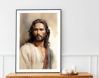 Jesus Christ, Extremely Detailed Watercolor Portrait, Handsome, Elegant Color Scheme, Rare and Unique Religious Painting