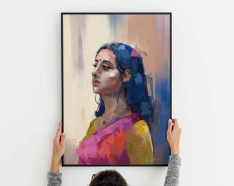 Portrait of an Indian Girl, Digital Painting in Impasto Oil Painting Style with Thick Paint Strokes, Colorful and painterly instant download