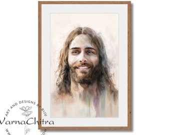 Jesus Painting , Unique, not seen anywhere, in Painterly Watercolor Style, Elegant Colors, Painterly  traditional style painting printable.