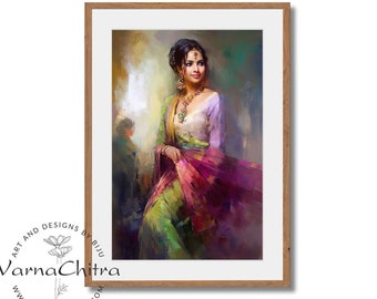 Indian Contemporary Figurative Painting of a Beautiful Girl in Expressive Oil Painting Style, Artistic Impasto Large Size Printable Download