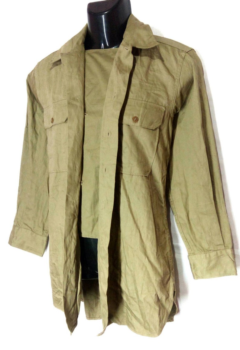 Vintage Rare WWII khaki tan US military officer / army wool uniform shirt / selvedge image 2