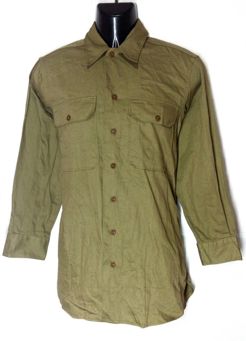 Vintage Rare WWII khaki tan US military officer / army wool uniform shirt / selvedge image 3
