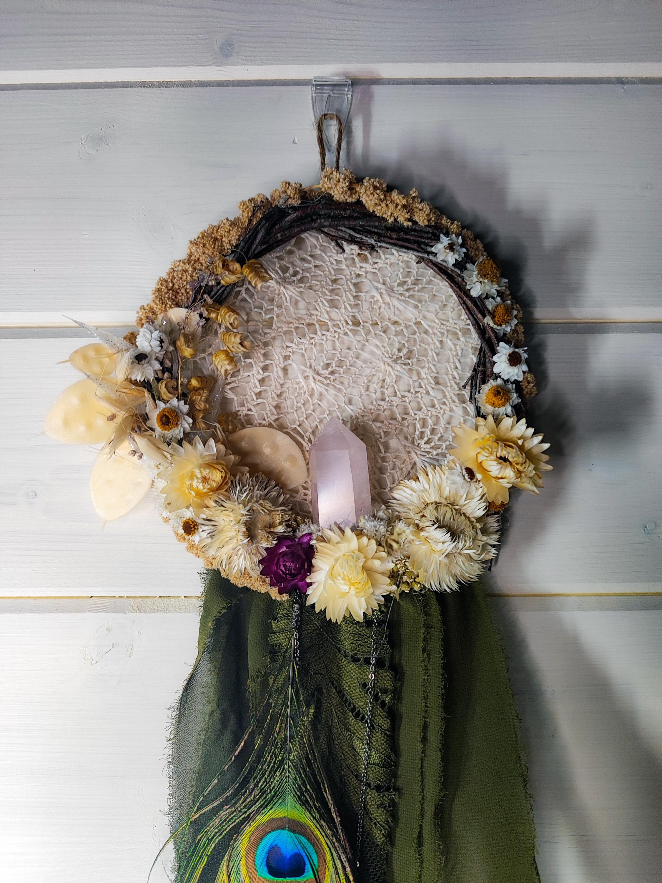 Ostara wreath | crystal boho Forest dreamchatcher | Rustic wall hanging with lace | self love arrangement| Rose Quartz and dried flowers |