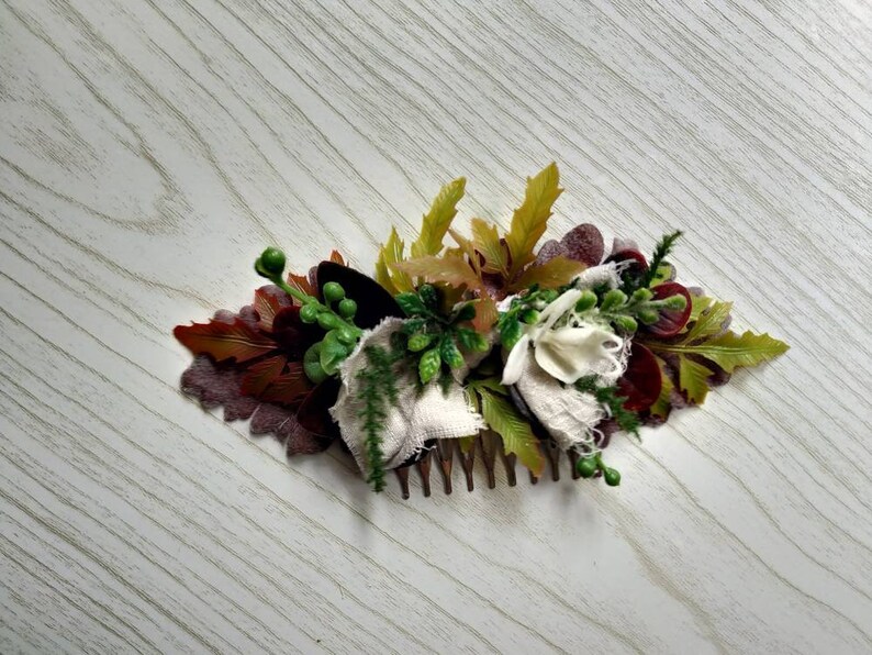 Rustic Fern Boho Bride headdress Lush Neetle Forest Purple Autumn headpiece White Linen Bridal Bow Fall Woodland Fairy Floral Comb